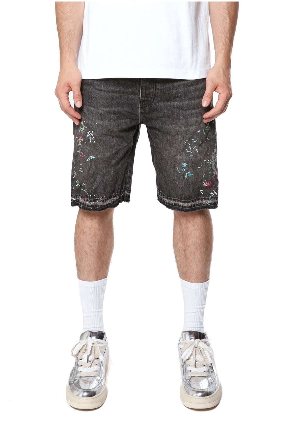 PURPLE LABEL SPLATTER EMBROIDERY JEAN SHORTS