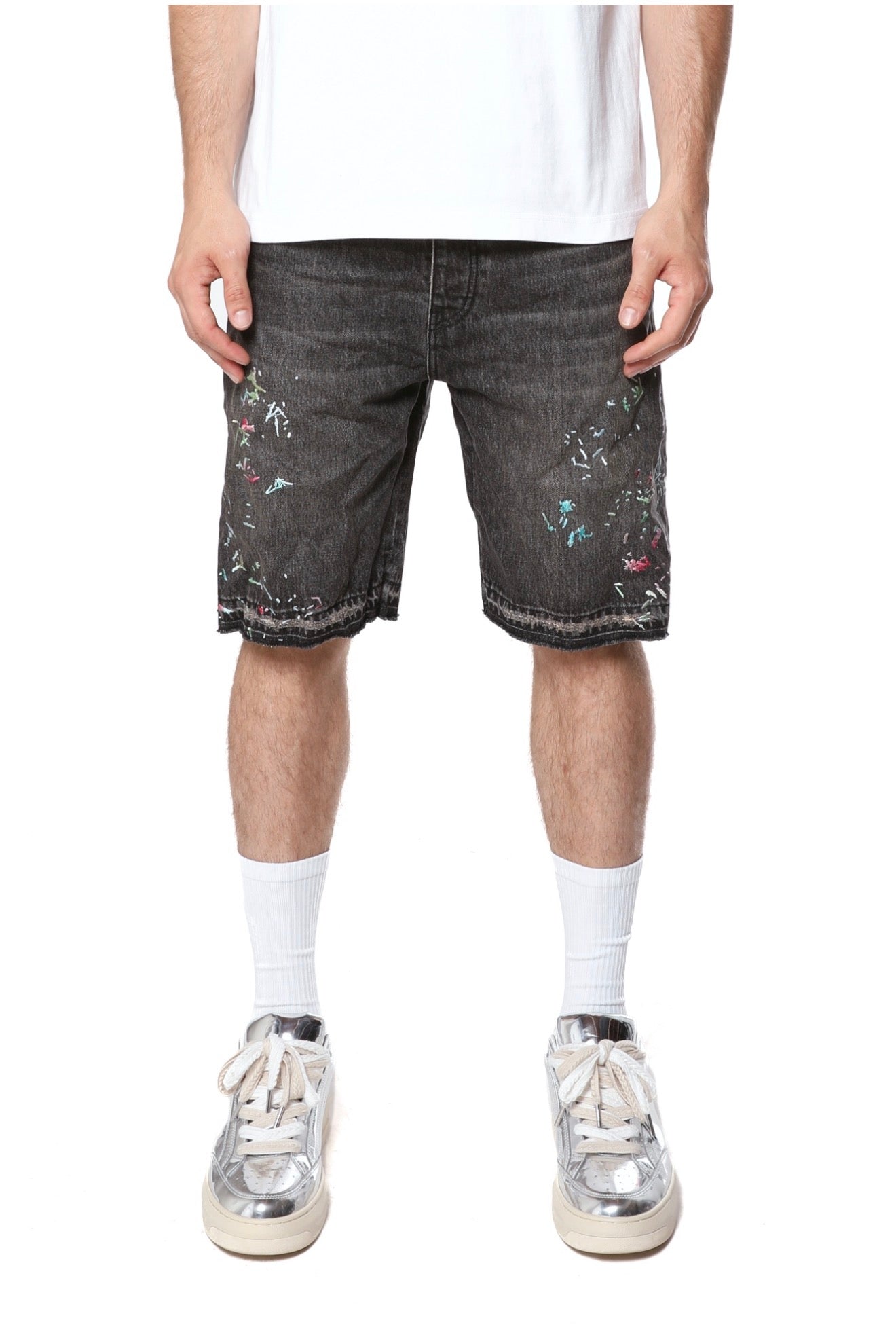 PURPLE LABEL SPLATTER EMBROIDERY JEAN SHORTS