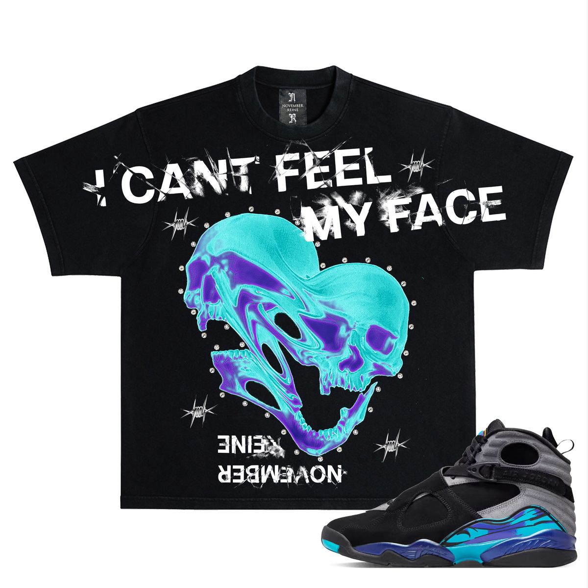 "I CANT FEEL MY FACE" LUXURY HEAVYWEIGHT TEE BLACK PURPLE TEAL